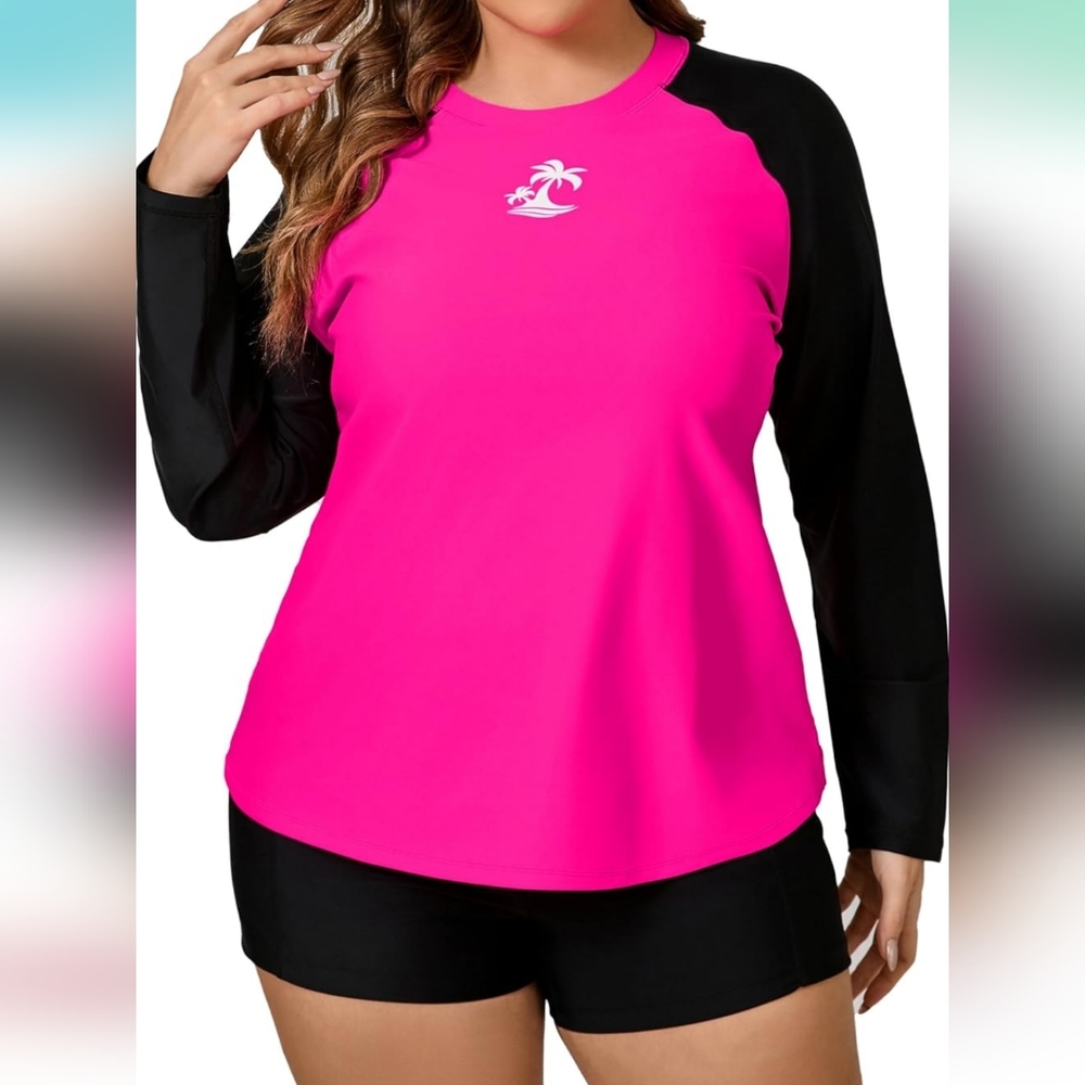 Women's PLUS SIZE Pink and Black Long Sleeve Rashguard Swimsuit